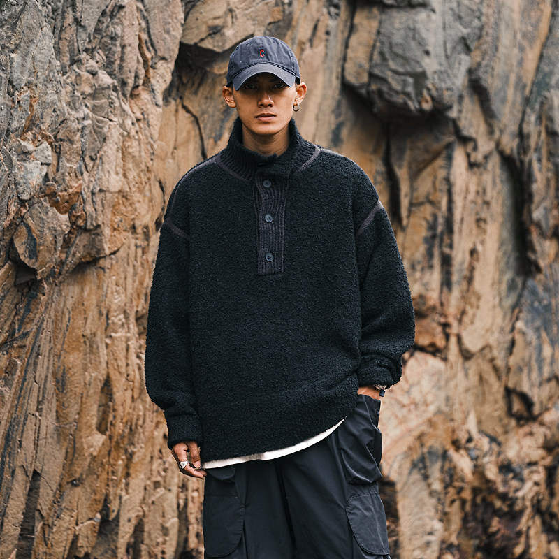 JUP日系慵懒风半开领毛衣男秋冬潮牌韩版高级感宽松休闲男士外套