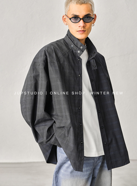 JUPSTUDIO新中式立领夹克男秋冬宽松休闲外套黑色格纹男外套