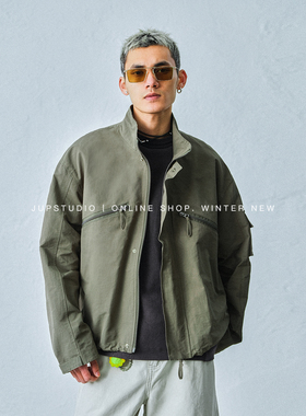 JUPSTUDIO工装风立领夹克男宽松军绿色拉链外套痞帅硬壳休闲外套