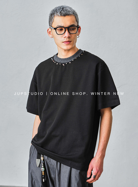 JUPSTUDIO美式风休闲纯棉短袖T恤男士黑色圆领钉珠装饰宽松半袖