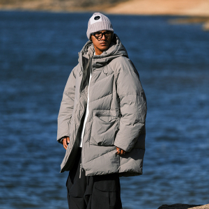 JUP冬季新款日系纯色中长款连帽羽绒服男士复古宽松工装厚款外套