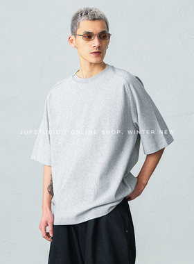 JUPSTUDIO极简设计感圆领短袖T恤男宽松落肩袖纯色日系老钱上衣