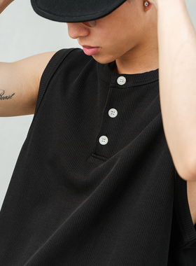 JUPSTUDIO美式亨利领纽扣无袖背心男夏季宽松休闲运动肌理纹上衣