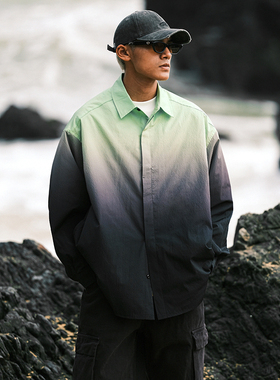 JUPSTUDIO美式渐变色长袖衬衫男春秋高街痞帅透气百搭衬衣外套潮