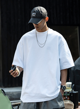 JUPSTUDIO纯色圆领短袖t恤男夏季宽松休闲打底内搭纯棉五分袖上衣