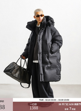 JUP时尚帅气中长款连帽羽绒服高充绒厚款保暖长款防寒服黑色外套