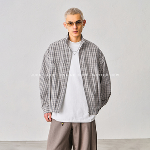 JUPSTUDIO雅痞风格子夹克男宽松立领拉链衬衫潮流百搭男士外套