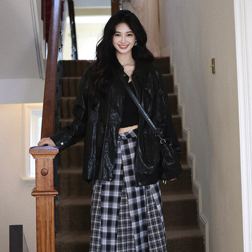 AZure复古翻领PU皮衣做旧外套