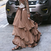 AZure温柔风复古半身裙不规则设计A字蛋糕裙法式 层叠荷叶边拖地裙