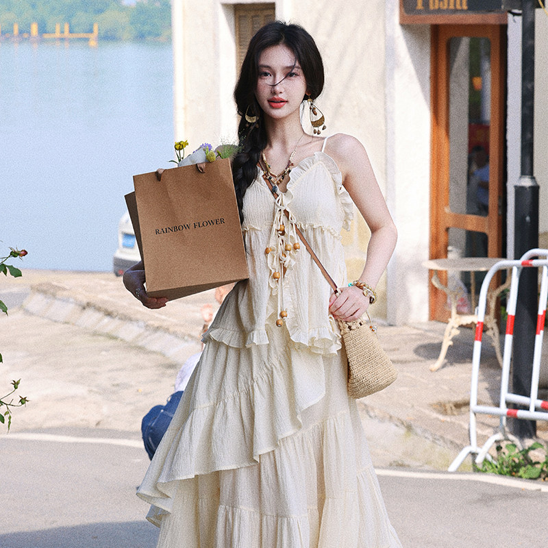 法式复古吊带半裙套装棉质纯色