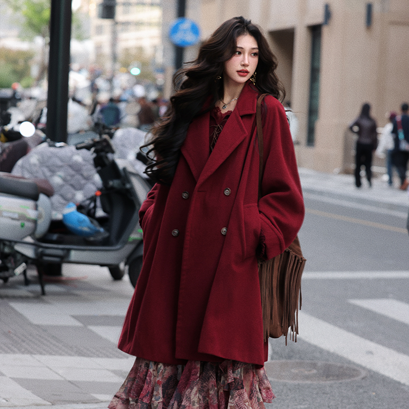 AZure法式酒红色双排扣毛呢大衣