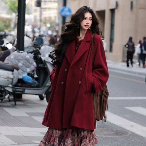 AZure法式酒红色双排扣毛呢大衣