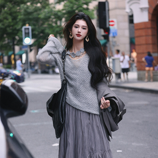 AZure手工勾花毛衣大圆领显瘦轻薄针织衫 上衣 撕破设计马海毛长袖