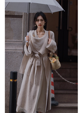 AZure附围巾宽松大毛衣慵懒风针织外套显瘦气质过膝大衣加厚开衫