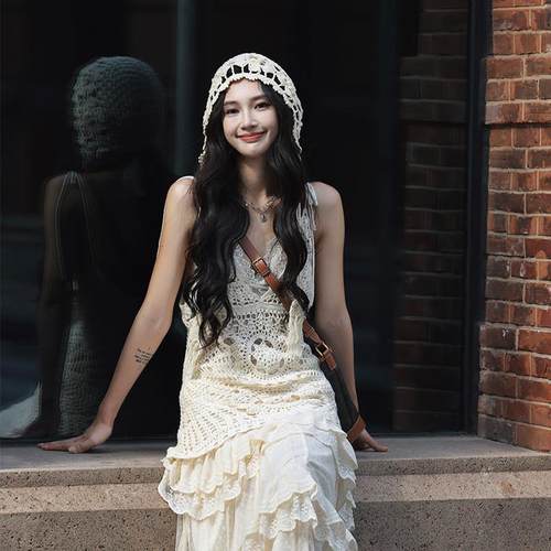 式复古手工钩花针织镂空装饰帽