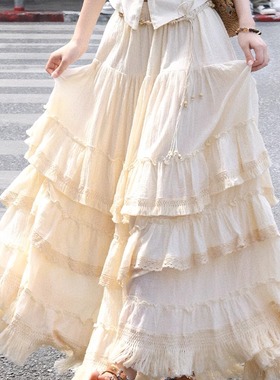 AZure法式复古蕾丝拼接防晒开衫松紧腰多种蕾丝拼接高腰蛋糕半裙