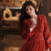 AZure法式 显瘦红色茶歇裙 复古深V绑带连衣裙收腰蕾丝花边长裙长袖