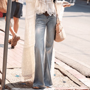拖地百搭喇叭裤 修身 春夏 显瘦微辣长裤 AZure浅蓝色水洗中腰牛仔裤