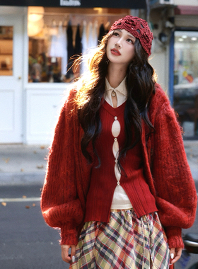 AZure温柔风红色马海毛开衫复古毛衣针织灯笼袖节日新年通勤外套