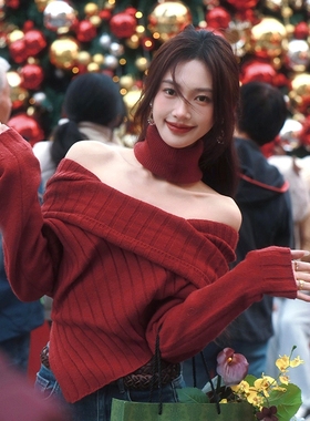 AZure节日毛衣围脖露肩短打针织衫显瘦露腰一字肩红色短款上衣冬