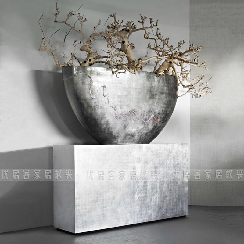 酒店会所售楼部前厅装饰落地大花盆 高档插花花器柱台扁船形花瓶