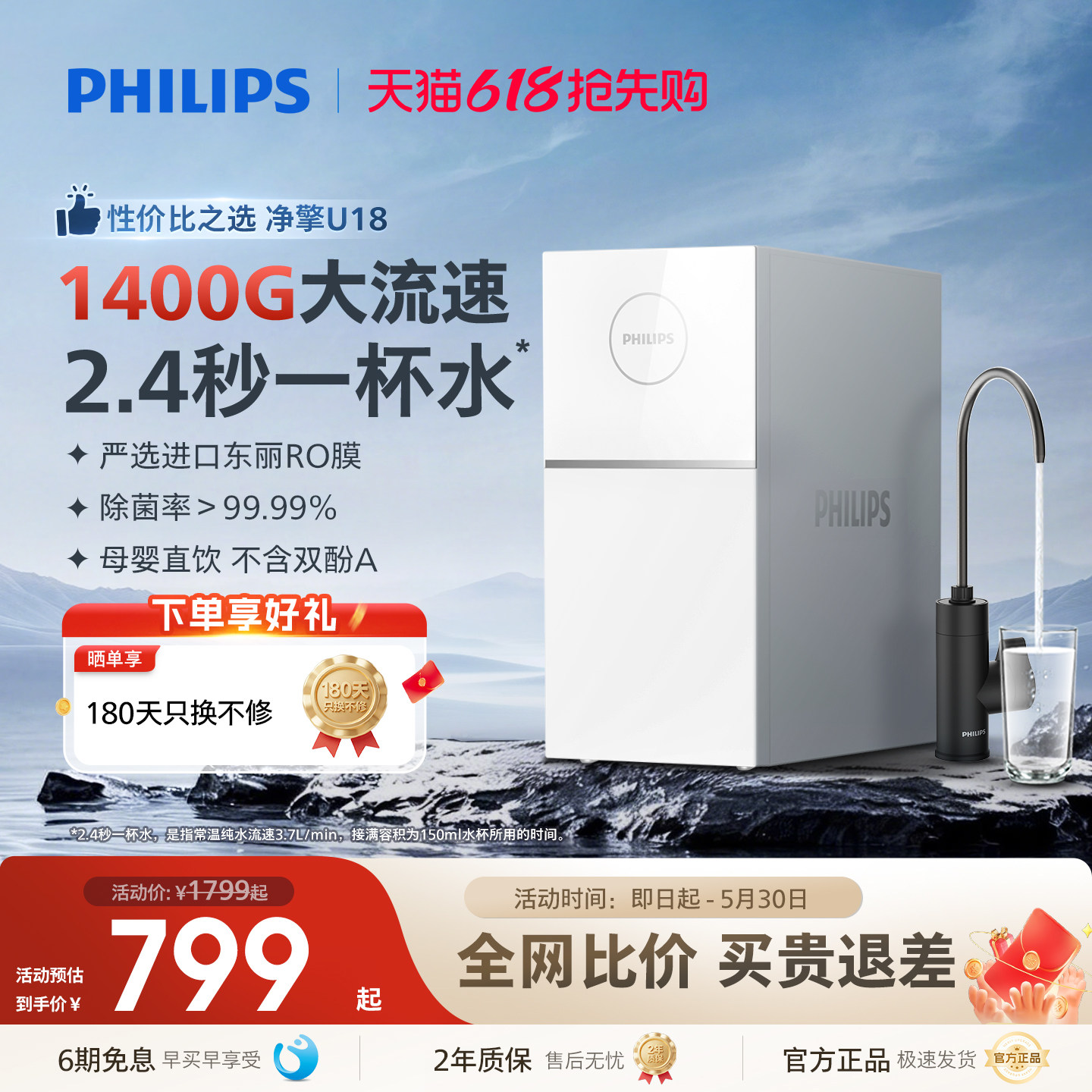 飞利浦净水器家用RO反渗透1400G过滤厨房自来水直饮净饮水机7004