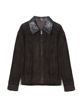 YISHU复古老钱编制领反绒夹克皮衣真皮外套女款夹克爆款88171