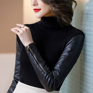 短款 修身 女冬显瘦皮袖 打底衫 全身加绒毛衣配皮草马甲内搭针织 皮袖