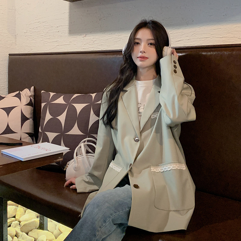 蕾丝花边拼接绿色小西装外套女春秋2025新款韩版气质休闲西服上衣,女装西装,浙宝129
