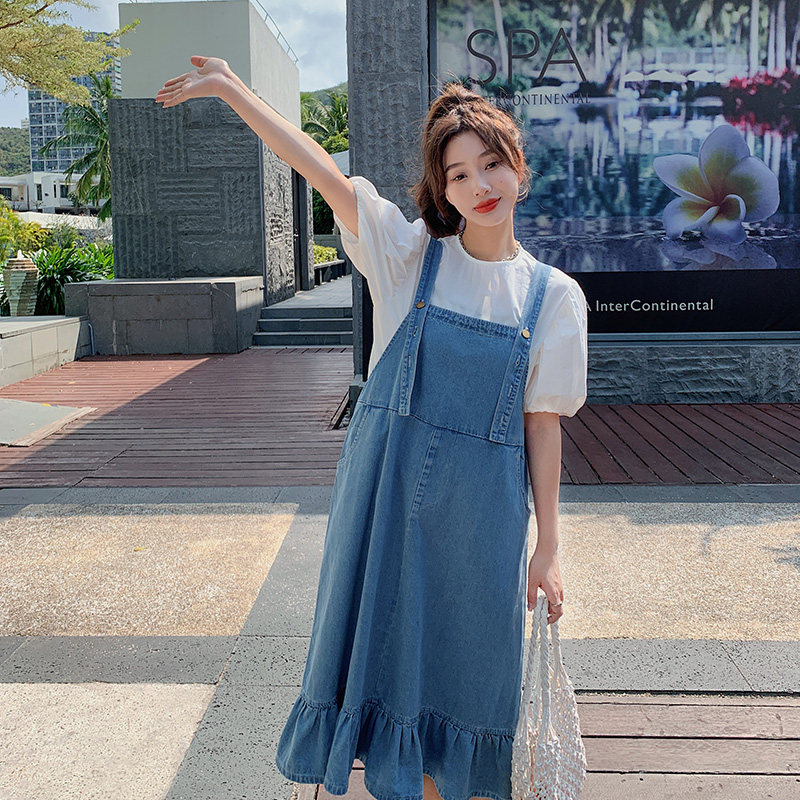 甜美学院风少女感荷叶边休闲牛仔背带裙夏季新款大码宽松胖mm显瘦,女装连衣裙,浙宝129