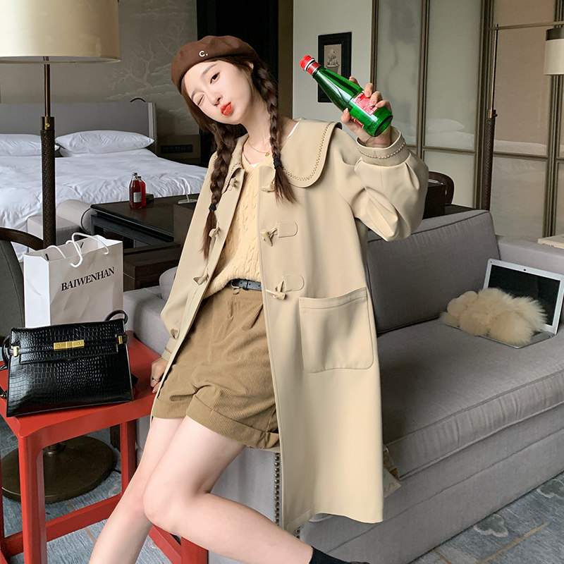 卡其色娃娃领风衣外套女中长款春秋季2025新款气质韩版牛角扣大衣,女装风衣,浙宝129