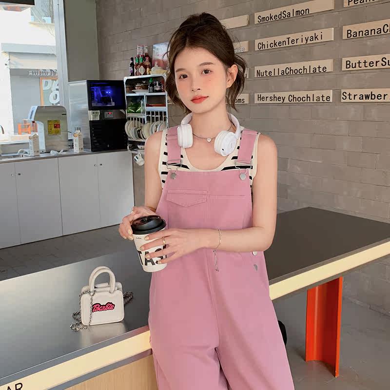 桔色九分背带裤女2024夏季新款小个子薄款宽松直筒减龄连体裤,女装休闲裤,浙宝129