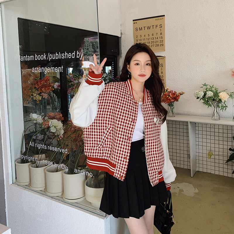 小众设计2025春季新款超好看格纹减龄棒球服短外套女宽松夹克上衣,女装短外套,浙宝129