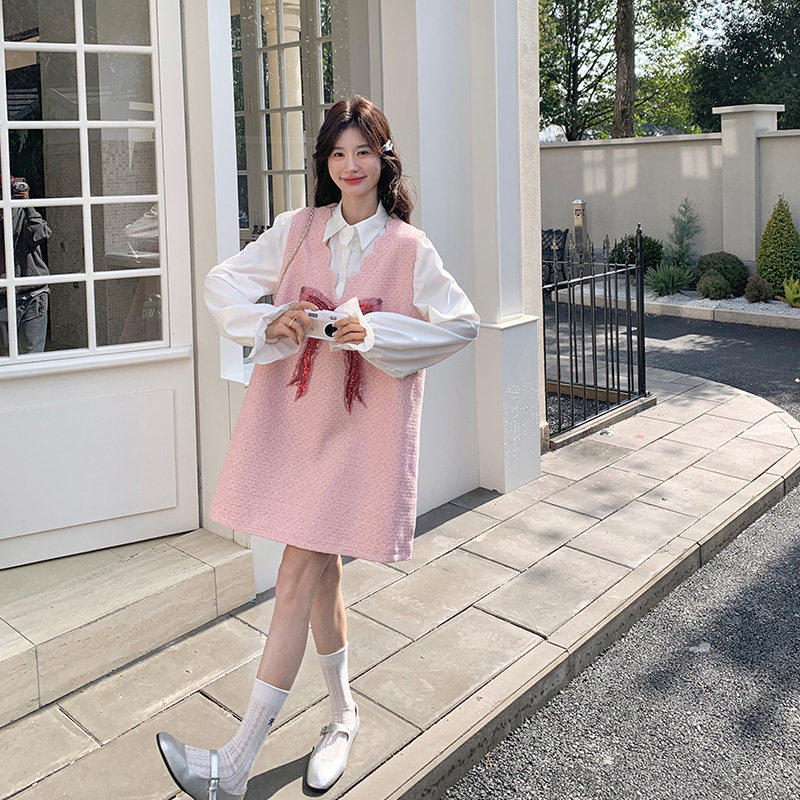 粉色甜美假两件拼接连衣裙女小个子2025秋季新款法式小香风衬衫裙,女装连衣裙,浙宝129