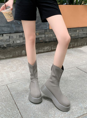个性灰色短靴2024秋冬休闲厚底平底后拉链马丁靴超软真皮女靴子潮