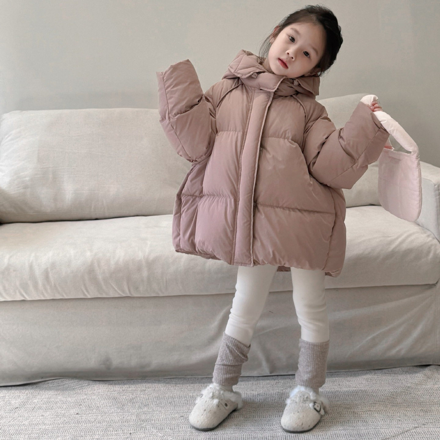 MINIKIDO女童羽绒服冬季2025新款韩版粉色防风保暖连帽白鸭绒外套