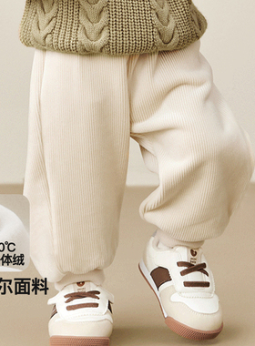 MINIKIDO女童加绒裤子2025新款冬季奶油白加厚儿童灯芯绒灯笼裤男