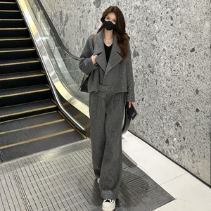 欧货高级感时尚套装女秋冬加厚翻领短款毛呢外套休闲阔腿裤两件套