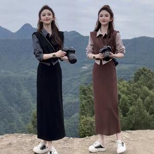 气质高级感时尚套装女秋季假两件条纹衬衫马甲半身裙显瘦两件套潮