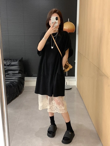 夏天穿搭一整套洋气宽松时尚中长款T恤裙叠穿蕾丝半身裙两件套女