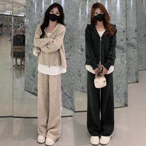 欧货设计感时尚套装女秋季假两件针织连帽上衣休闲阔腿裤两件套潮