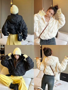 欧货时尚短款羽绒棉服女秋冬百搭压花半拉链套头保暖连帽棉袄外套