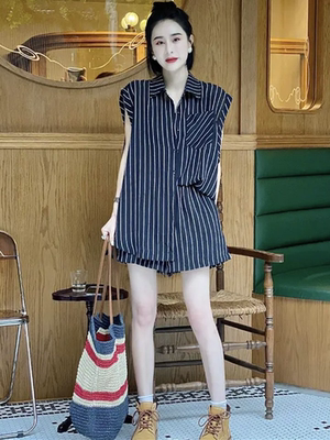 欧货翻领条纹衬衫阔腿短裤套装女