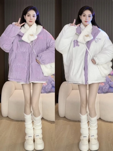 欧货时尚两面穿灯芯绒棉服女冬季小个子宽松加绒加厚保暖棉衣外套