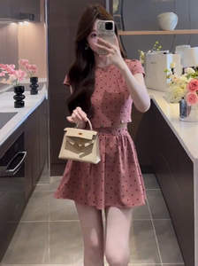 洋气甜美高级感时尚套装女夏季波点短袖上衣高腰a字半身裙两件套