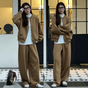 欧货高级感时尚套装女秋季宽松圆领拉链夹克卫衣休闲阔腿裤两件套