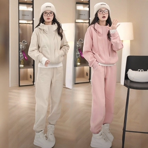 欧货高级感时尚加绒套装女秋冬连帽拉链卫衣休闲束脚裤运动两件套