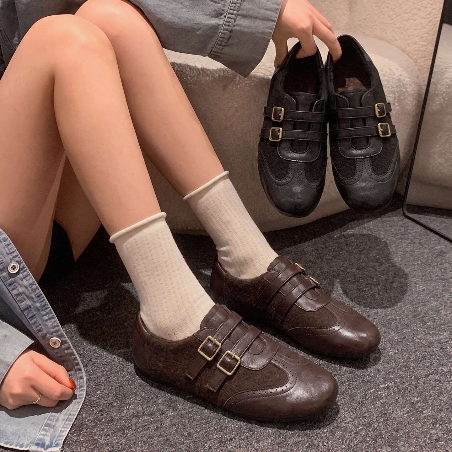 贾不假德训鞋女2026新款秋冬季复古英伦风鞋子圆头加绒保暖休闲鞋
