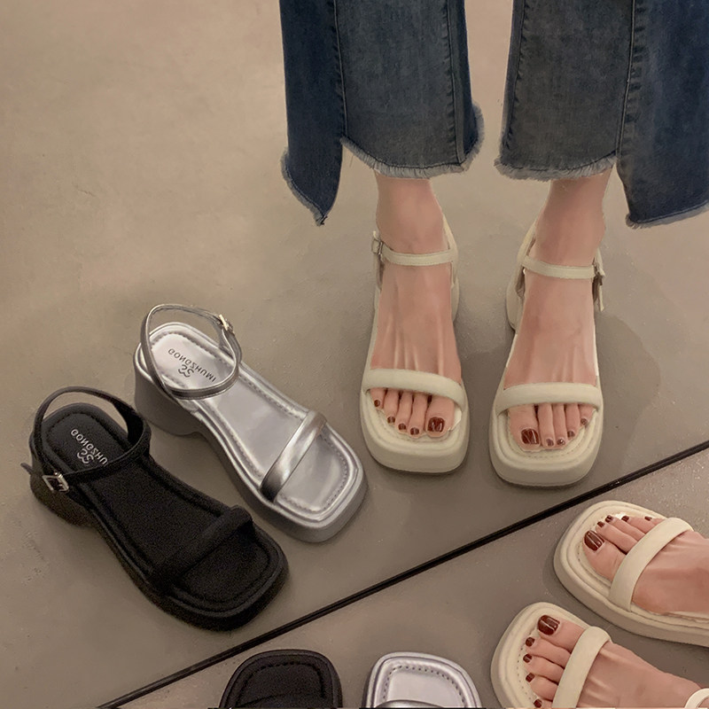 贾不假一字带凉鞋女款2026夏季新款外穿绝美高跟厚底法式增高凉鞋