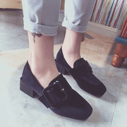 韩版2017春季中跟粗跟乐福一脚蹬懒人鞋复古方头单鞋皮带扣女鞋子